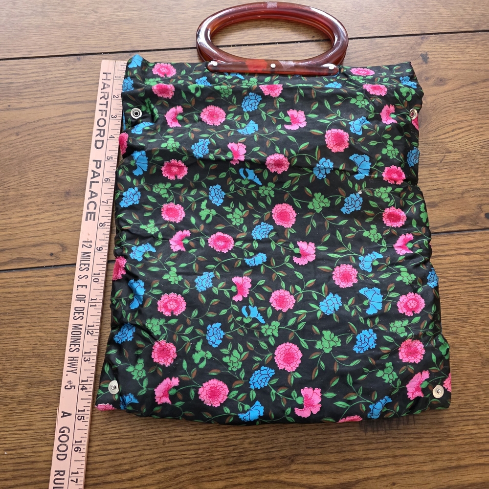Vintage Floral Black Yarn Tote Bag with Unique Handles
